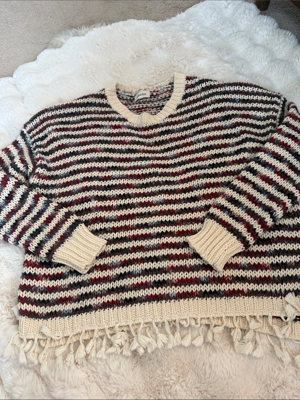 ADORA Cream Sweater with Navy & Burgundy Stripes and Fringe